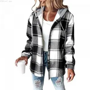 Womens Lightweight Casual Jacket Plaid Long Sleeve Shacket Fleece Lined Hooded Jackets Warm CoatC38tool que