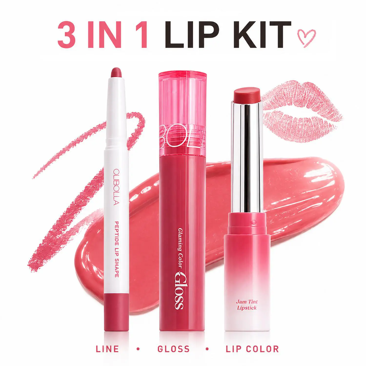 3-Step Lip Makeup Set – Define, Color & Shine with Lip Liner, Gloss Tint and Cream Lipstick