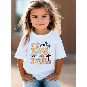 Easter Bunny & Jesus Graphic Girls' T-Shirt - Soft Polyester Blend, Casual Crew Neck Short Sleeve Tee for Youngsters, Colorful Print with "Silly Rabbit Easter is for Jesus" Design, Perfect for Ages 1-8, Summer Fashion