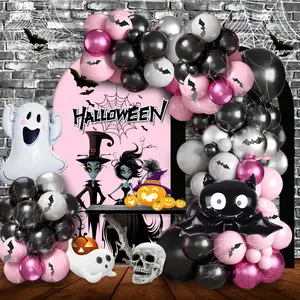 108 pieces of Halloween balloon arch kit, black, pink, silver, rose red balloons paired with bat ghost aluminum foil balloons, 3D bat stickers are perfect for Halloween themed birthday party decoration, Balloon Party Supplies