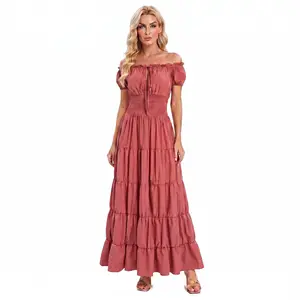 Scarlet Darkness Renaissance Faire Dress for Women Off Shoulder Milkmaid Maxi Dress Medieval Halloween Costume Outfit 6531-D3