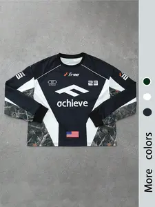 Men's Racing Style Long Sleeve Top, Branch Pattern Patchwork Design, Letter Number Print, Casual Streetwear, Aesthetics, Loose Fit, Multiple Colors Available