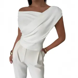 2026 Summer Solid Color Asymmetrical Off Shoulder Top Women Sleeveless Ruched Slim Fit Crop Top Elegant Casual Party Blouse clothes women's
