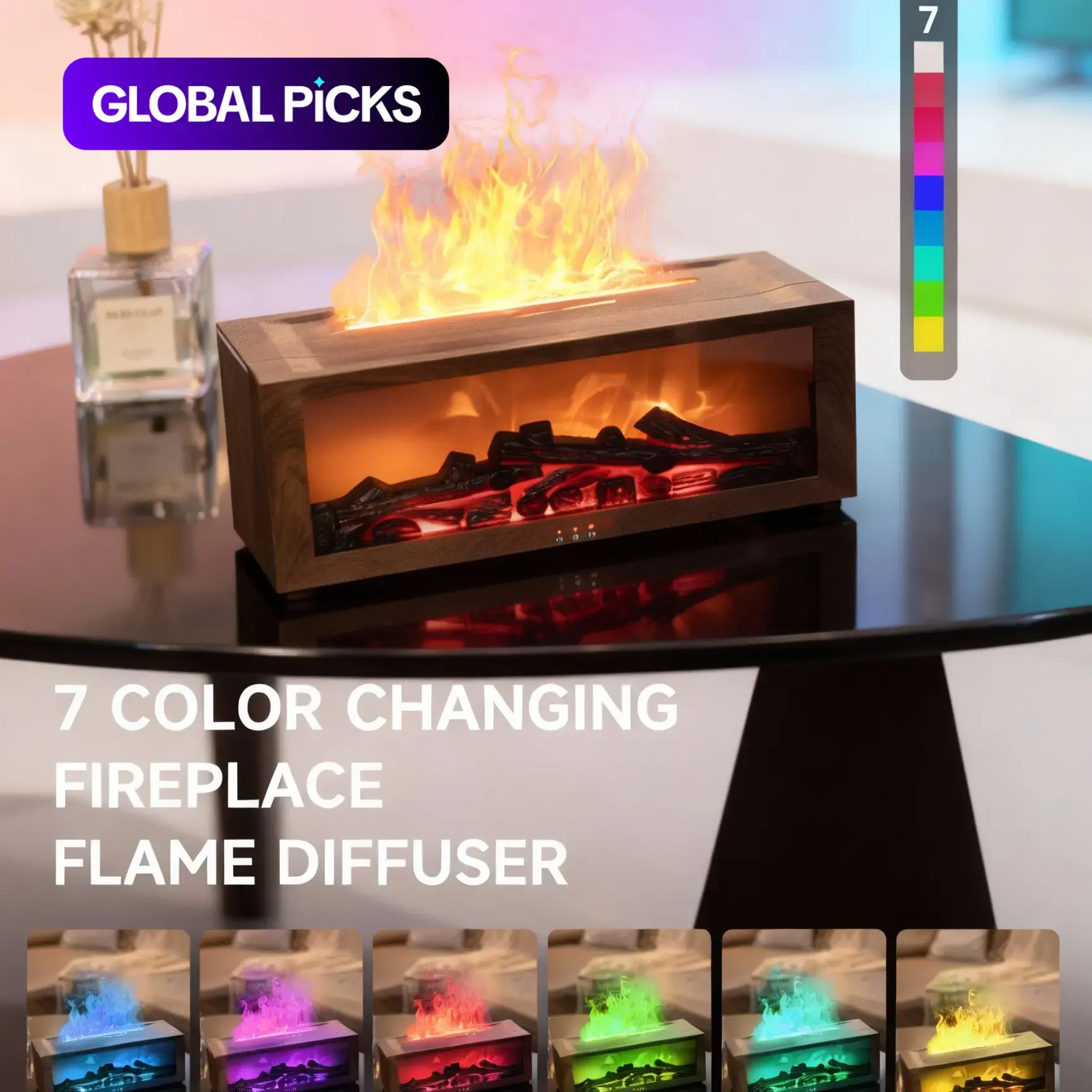 Upgraded Version 7-Color Flame Fireplace Essential Oil Diffuser, 150mL USB Desktop Quiet Cool Mist Humidifier with Timer & Auto Shut-Off, Perfect Home Office Gift #GLOBAL PICKS