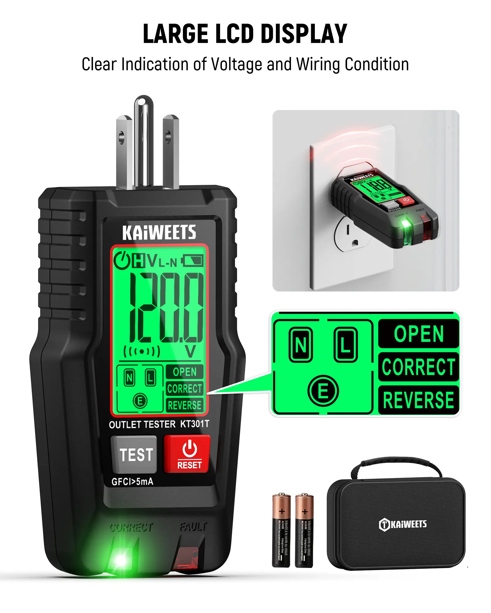 KAIWEETS Smart Electrical Outlet Tester with LCD Display, GFCI Circuit Tester with 6 Visual Indication, 3 Prong 120V AC Voltage Socket Checker, 7-Way Wiring Fault Detector, Auto Data Hold & Low Battery Alert, Essential for Homeowners