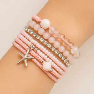 Coastal Waves Bracelet Stack Set Soft Blues Sandy Neutrals Metallic Accents Perfect for Beach to Barn Looks Stackable Design One Size Fits All Bead & Metal Coated Material