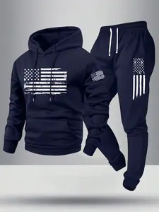 Spring and autumn thin men's patriotic American flag pattern printed hooded sweater and sweatpants set, fashionable casual men's clothing pocket street sports elastic waist drawstring long pants two-piece set, suitable for cool weather, the best gift for