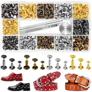 240 Sets Leather Rivets Kit, Double Cap Brass Rivets Leather Studs with 3PCS Setting Tools for Leather Repair and Crafts, 4 Colors and 3 Sizes