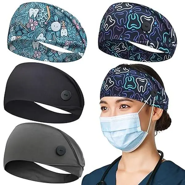 Headbands with Button for Mask, Wide Nurses Headbands Non Slip Elastic Ear Protection for Women Men Doctors Sweatband Headband