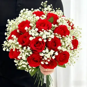 40 elegant artificial roses and baby's breath, bouquet freely arranged, suitable for weddings, engagements, home and office decoration, spring, New Year, Valentine's Day, Christmas, and Mother's Day artificial flowers