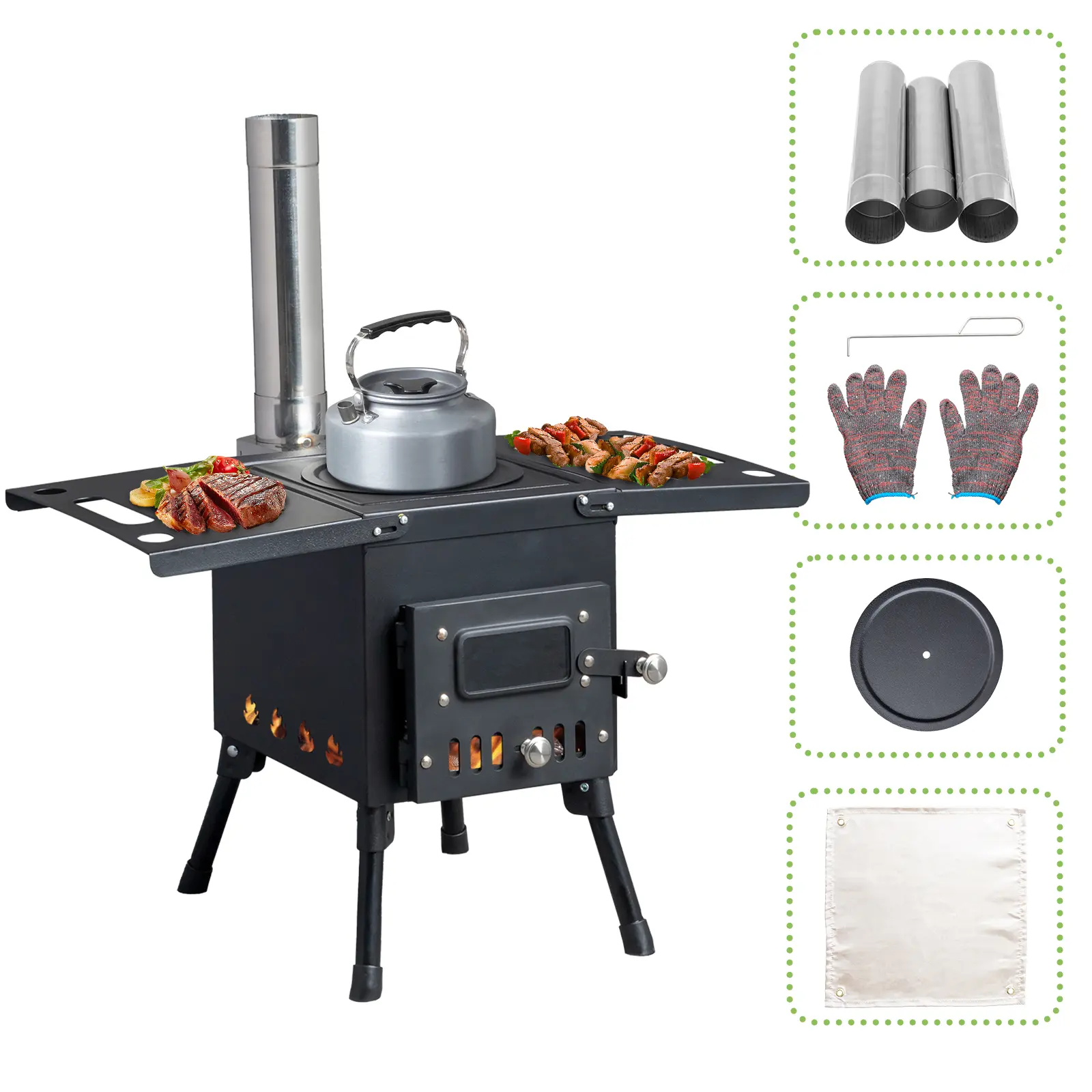 Camping Wood Stove, Outdoor Portable Tent Wood Burning Stove with Stainless Chimney Pipes, Tent Stove Jack & Gloves for Outdoor Camping Cooking and Heating (Black) Summervibes