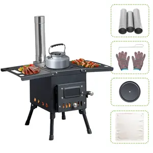 Camping Wood Stove, Outdoor Portable Tent Wood Burning Stove with Stainless Chimney Pipes, Tent Stove Jack & Gloves for Outdoor Camping Cooking and Heating (Black) Summervibes