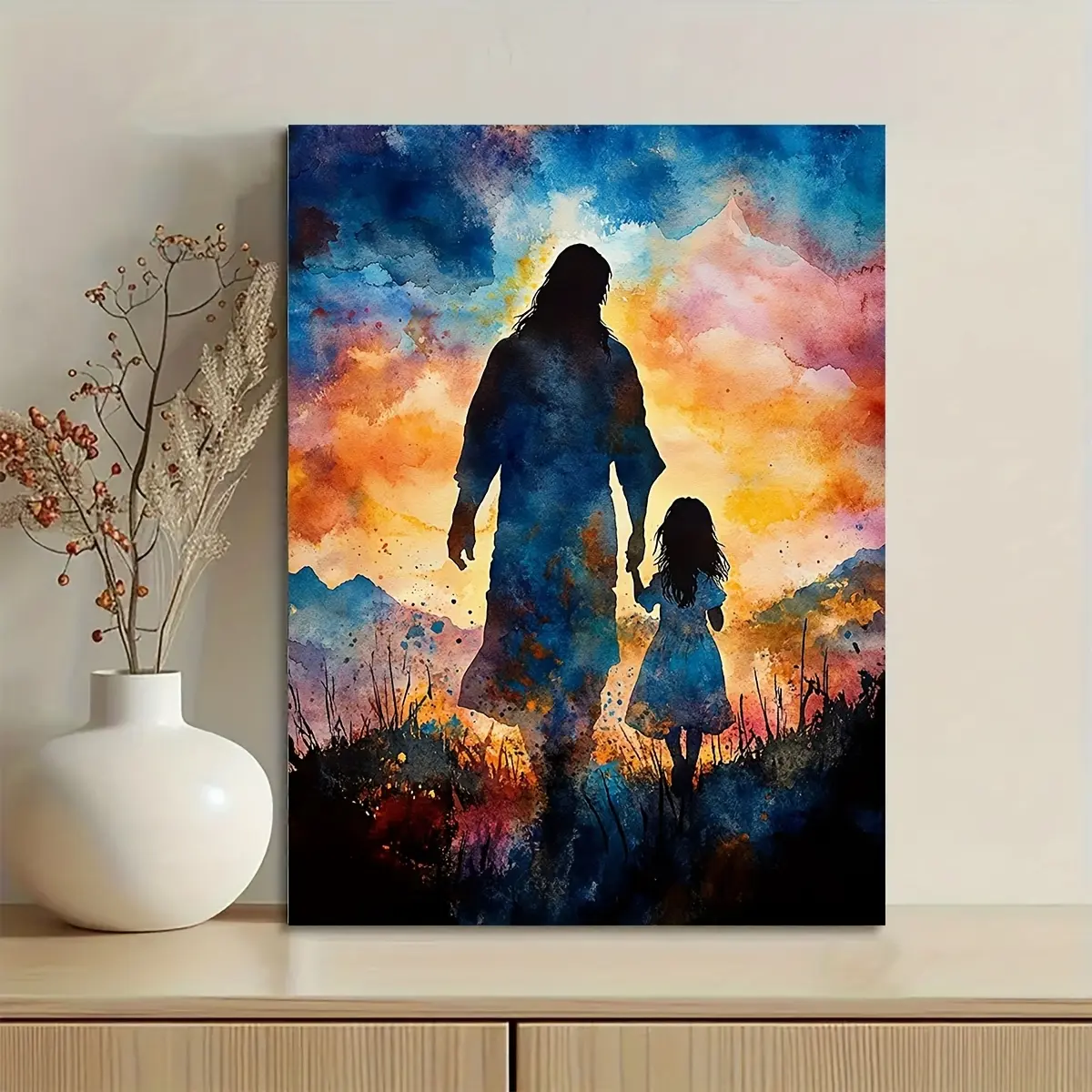 1pc 12x16in Frameless 2D Flat Artistic Canvas Print - High-Detail Jesus & 2 Little Girls Watercolor Painting, Christian Religious Wall Decor for Living Room, Bedroom, Dining Room (Wardrobe, Balcony Display Option)