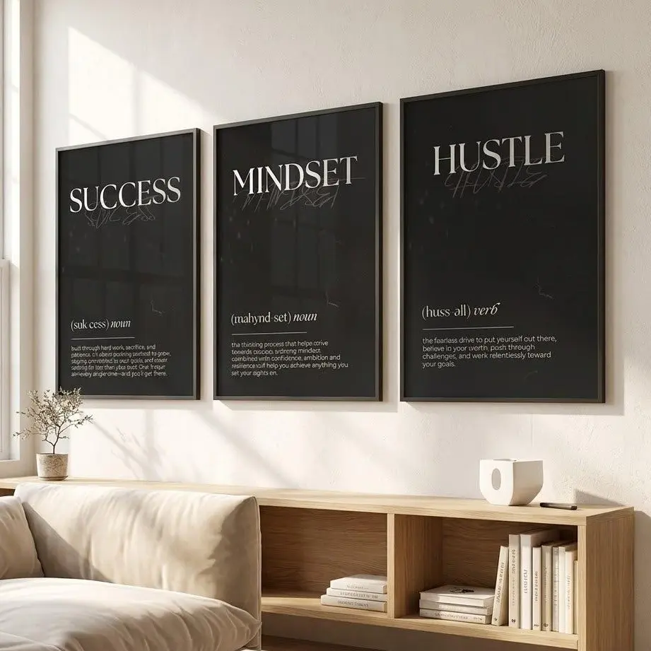Set of 3 Motivational Wall Definition Art Prints for Men – Masculine Gym Decor, Office Prints,Black Poster Prints,Inspirational Wall Art
