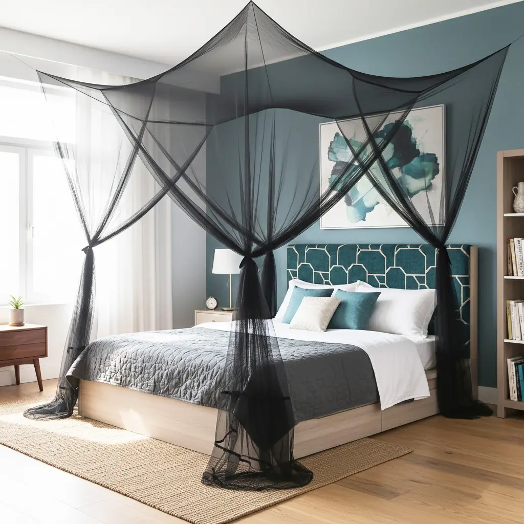 Black Polyester Rectangle Mosquito Net Canopy Bed Curtains - 4-Opening Design, Mesh Netting Sides, Easy Install, Ribbons, Anchors, Fits Full/Queen/King Beds, Gothic Room Decor, Mosquito Netting