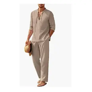 Men's Summer Leisure Beach Set Beige Cotton Linen Long Sleeves 2 Piece Loungewear Pajama Nightwear Khaki Suit Plain Menswear Pyjamas