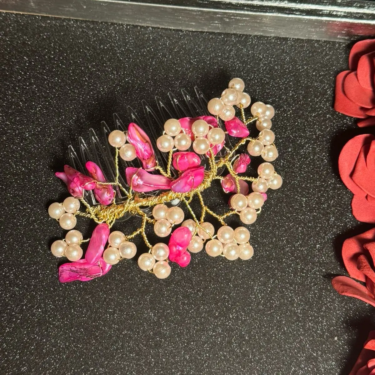 Handmade Roseate Elegance Beaded hair comb for women.