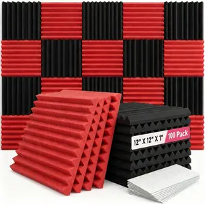 100 pieces of black and red soundproof foam panels are suitable for walls, 1 X 12 X 12 inch (about 30 * 30 * 2.5 cm) soundproof foam panels, high-density sound-absorbing panels, and noise reduction studios Control Room Flutter Echoes