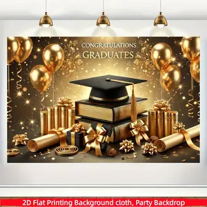 2D Flat 1pc Black Gold Backdrop Banner, Grad Cap Book Balloon Gift Photography Background, Ideal for High School College Graduation Ceremony, Senior Grad Party, Photo Booth Decor, Party Backdrop Decoration, Multiple Sizes Available
