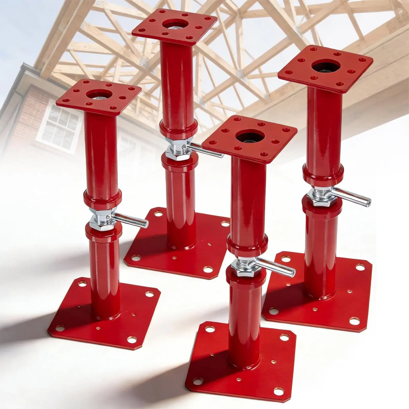 4 PCS Adjustable House Jacks for Leveling, 12.2-21.6 In Adjustable House Jacks for Lifting & Leveling, Load Capacity 10000 lbs Cast Iron Floor Jack for Attic, Roof Beam, Basements, Red