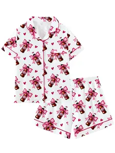 Teen Dr Pepper Collar Short Sleeve Pajama Set, Comfortable Sleepwear, Loungewear, All-Season Loose Fit, Animal Pattern, Perfect Gift