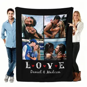 Custom Photo Collage Flannel Blanket, Love Letter With Couple Names Soft Throw, Cozy For Couch Bed, Anniversary Valentine Birthday Gift For Her Him Wife Husband, Personalized Keepsake Home Decor