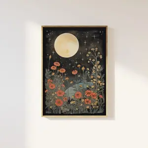 Ethereal Moonlight, Mystical Celestial, Whimsigoth Art, Moon And Flowers Vintage Block Print Style Art Print, Cottagecore Flowers Floral, Room Decor, Unframed