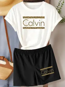 【Plus Size】 Letter Print Tee & Leopard Print Shorts Set, Casual Short Sleeve T-shirt & Skinny Shorts, Women's Outfits for Summer, Womenswear