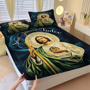 San Judas Tadeo Religious Fitted Sheet Set, 1 Fitted Sheet + 2 Pillowcases, Saint Jude Print Bedding, Soft Cozy Bed Linen, Perfect Catholic Gift, Printed Bedding Set