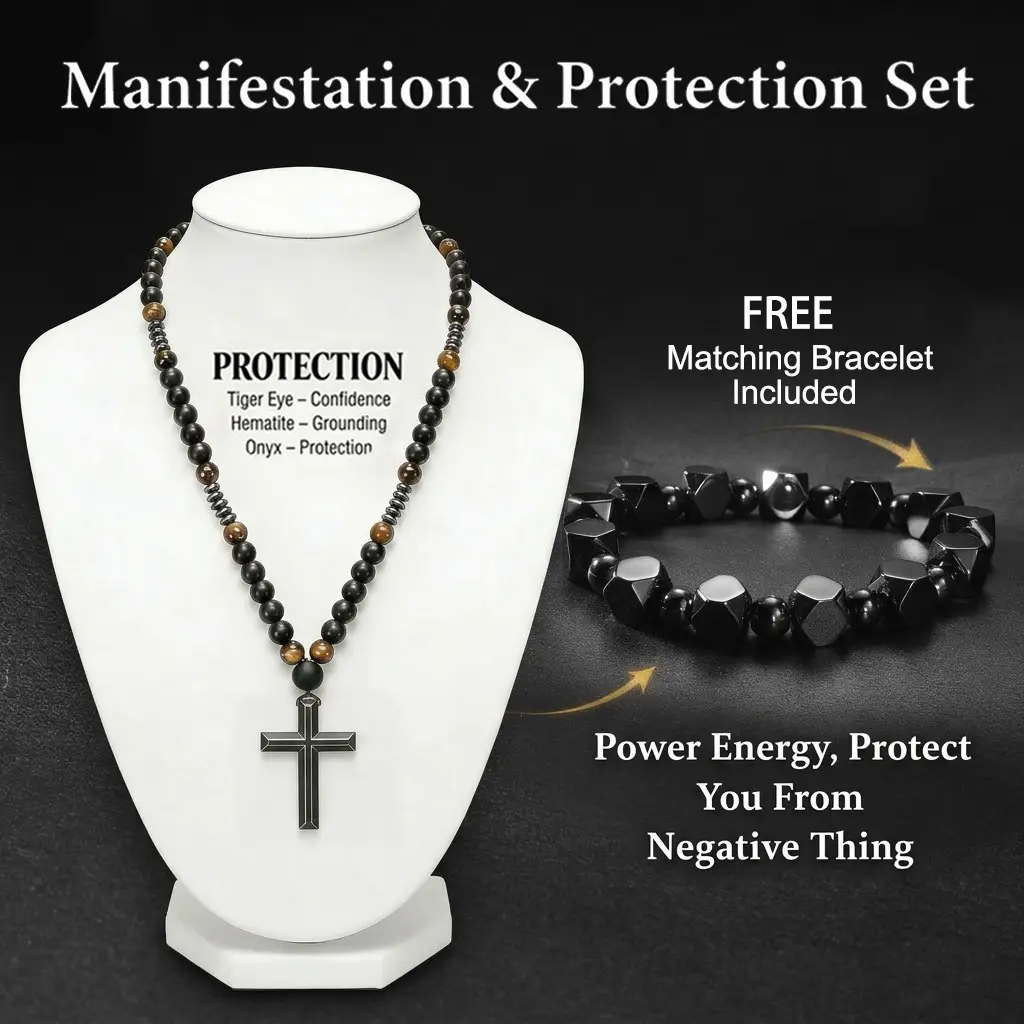 2pcs Protection Necklace & Bracelet set for Dad, Hematite & Obsidian Stones Pendant Necklace, Natural Stone Beaded for Grounding, Manifestation Bracelets for Men Daily Wear & Gifting, Versatile Jewelry backtoschool
