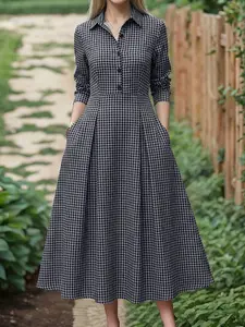 Women's Gingham Button Front Dress, Long Sleeve A-Line Midi Dress, Casual Classy Elegant Fitted Design for Daily Commuting, Casual Wear, Chic, Womenswear, Casual Dresses