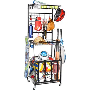 Equipment Storage for Garage, Indoor/Outdoor  Rack for Garage, Ball Storage Garage Organizer with Basket and Hooks,/ Gear Storage