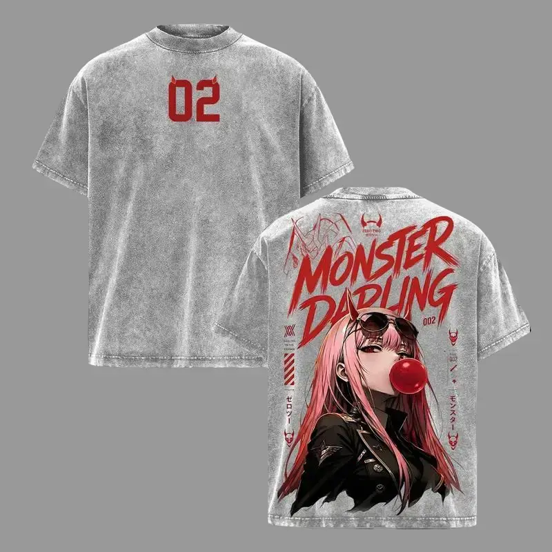 Men's 02 Darling in the Franxx Vintage Washed Oversized Heavy Cotton Y2K Graphic Tshirt - Hip Hop Streetwear Unisex Short-Sleeve Retro Manga Top Gift Crewneck Tshirt