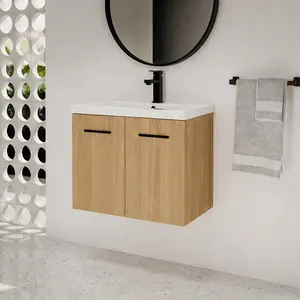 ARCH 24-Inch Floating Bathroom Vanity with Sink, Light Oak Plywood Wall-Mounted Cabinet, Resin Sink Top, Double Door Storage, Modern Wall Hung Vanity Set for Small Bathroom Powder Room, 2-Piece Combo, Glossy White and Light Oak Finish Options