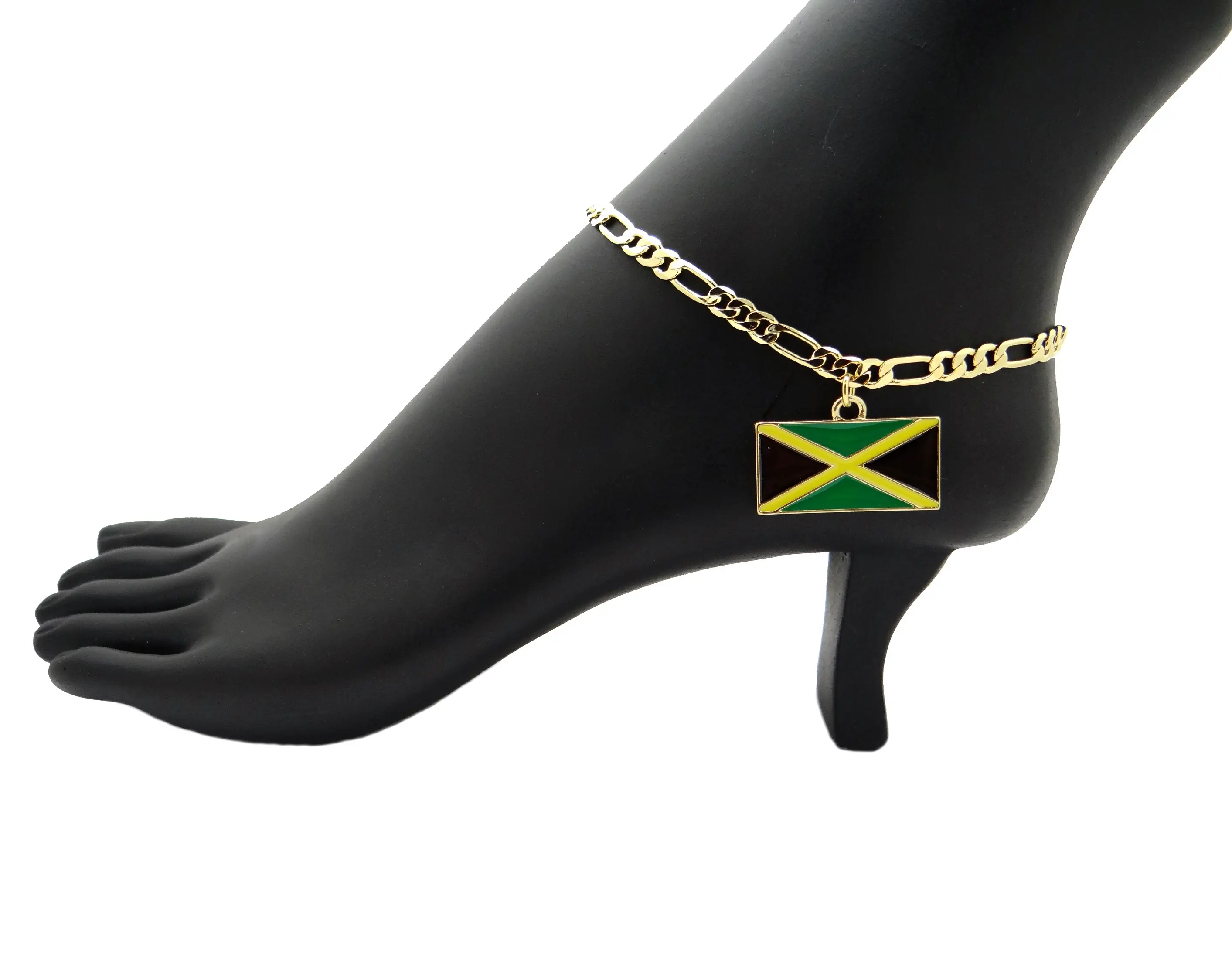BA UNIQUE FASHION Jamaica Flag Charm Figaro Chain Ankle Bracelet 14K Gold Plated Women's Foot Jewelry 5mm 10" Chain