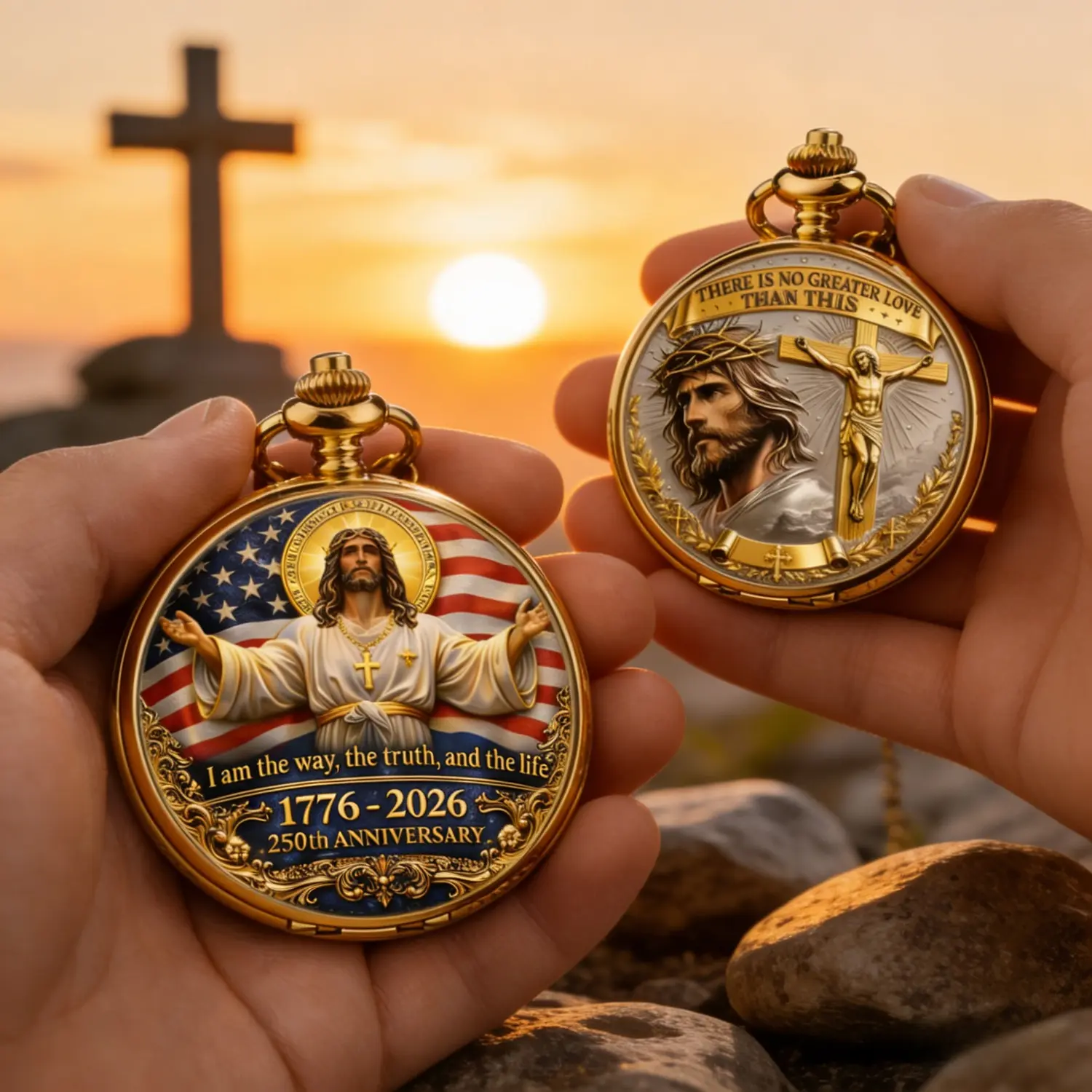 2pcs Gift Set USA 250th Anniversary Gold Plated Pocket Watches Jesus Cross Pattern Retro Quartz Religious Pocket Watch with Chain for Christian