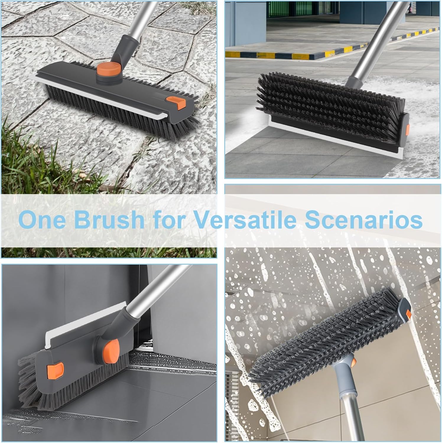 360° Floor Scrub Brush with Squeegee, Long Handle Grout Brush, Stiff Bristle Shower Scrubber for Cleaning Bathroom, Kitchen, Deck, Tile Floor, Patio & Baseboards, Heavy Duty Cleaning Tool