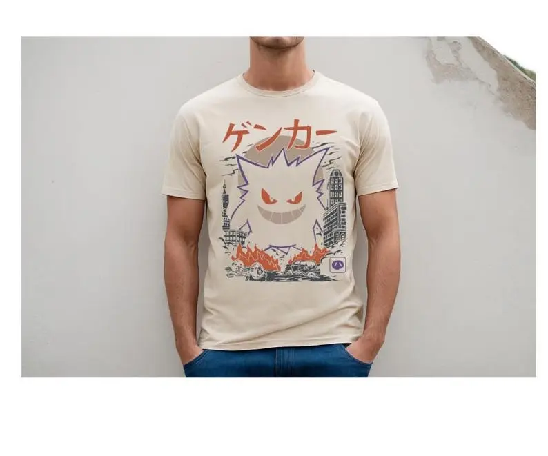 [Sale up to 45%] Vintage Gengar Japanese Tee, Katakana Ghost-Type Graphic Shirt, Retro Pokémon Streetwear, Kanto Region Aesthetic, Otaku Fanwear Style Cotton Menswear
