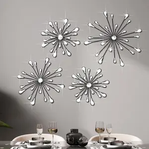 4 Pcs Starburst Wall Decor Bling Wall Art Crystal Teardrop 3D Hanging Rhinestone Radial Metal Artwork Modern Accent Sculptures Decorations for Living Room Home Office Bedroom(Black) Poster Ornaments Artistic Print