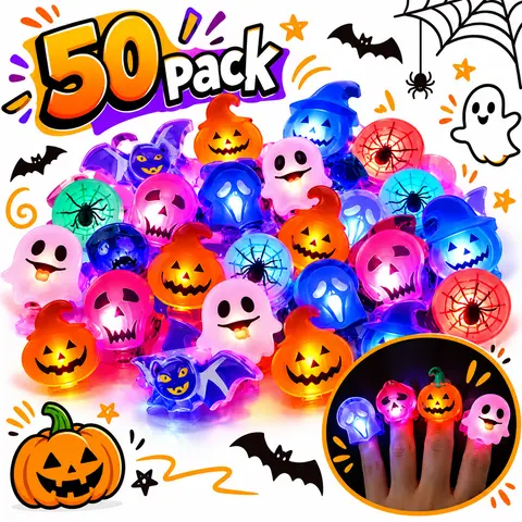 Halloween Fall Gift 50pcs Halloween LED Rings, Halloween Party Favors Glow in the Dark Party Supplies, Light Up Rings Perfect for Trick or Treat Gifts