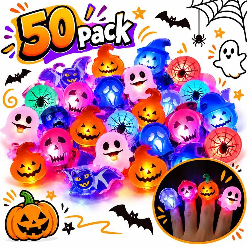 Halloween Fall Gift 50pcs Halloween LED Rings, Halloween Party Favors Glow in the Dark Party Supplies, Light Up Rings Perfect for Trick or Treat Gifts