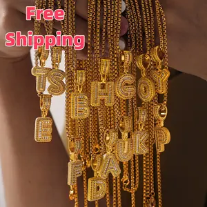 Full Zircon Personalized 26 Letters Necklace, A-Z Alphabet Pendant with Box Chain, Initial Letters with Zircon，Gift for Men and Women