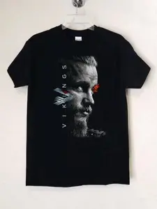 Vikings Ragnar Face Poster T-Shirt for Men – Black Norse Warrior Graphic Tee