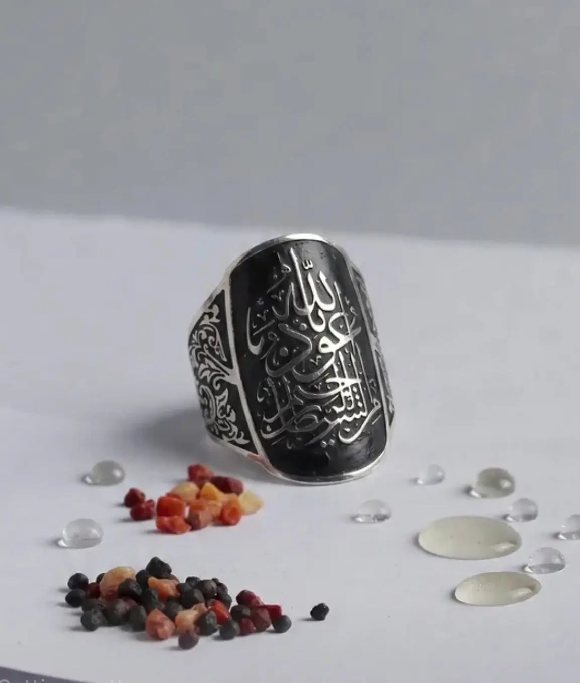 Islamic Calligraphy Signet Ring for Men – Stainless Steel Black Enamel Arabic Script Ring, Adjustable One Size, Gold or Silver Color, Muslim Eid Ramadan Gift