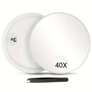 40x Magnification Mirror with Tweezers, 6 Inch Round Travel Makeup Mirror with Suction Cup, Portable Makeup Tool for Women & Men