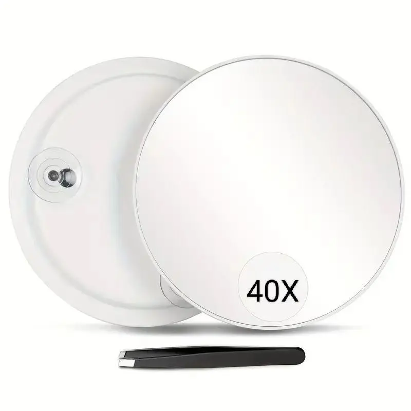 40x Magnification Mirror with Tweezers, 6 Inch Round Travel Makeup Mirror with Suction Cup, Portable Makeup Tool for Women & Men, Portable Vanity Mirror, Magnifying Mirror, Cosmetic Mirror