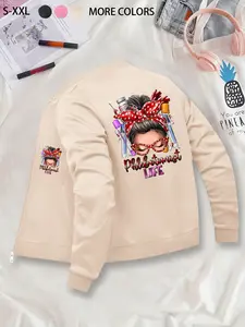 "Phlebotomist Life" Printed Graphic Black Jacket - Medical Themed Casual Outerwear, Coats, Polyester Knit Fabric with Pockets, Long Sleeve Fitted Style for Autumn/Winter, Random Print Pattern Suitable for Young Adults.