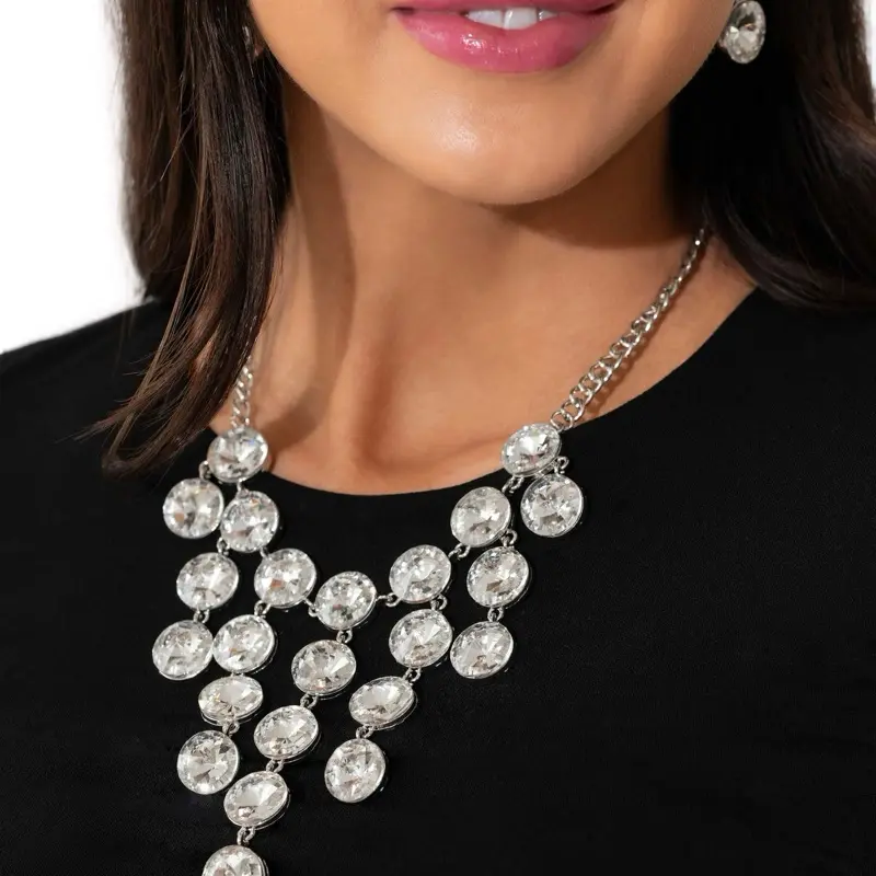 Spot Light Necklace with Silver Fittings and White Rhinestones Adjustable Clasp Closure Includes Matching Earrings for Adults