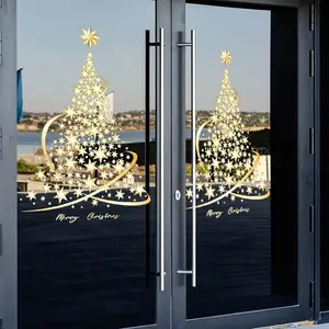 Christmas Home Decor Window Stickers, Golden Tree Static Cling Decals, DIY Glass Door Mural Display, Festive Holiday Decoration