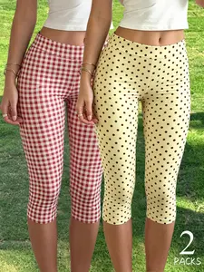 2 Pack Women's Capri Leggings, Boho Summer Outfits, Polka Dot & Gingham Print High Waist Fitted Capris, Casual Streetwear Cropped Pants for Workout, Daily and Beach Wear